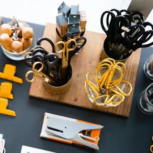 scissors and other desk tools including staplers